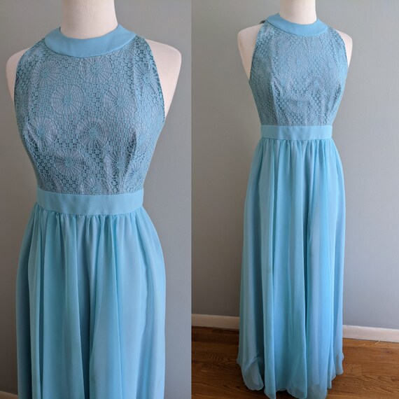 1960s Aqua Chiffon Long Dress, 60s Sleeveless Chif