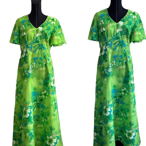 Vintage Royal Hawaiian 1960s Dress, Green Floral … - image 3