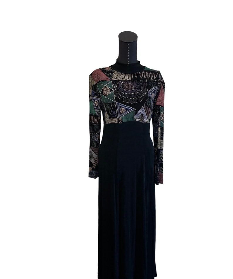 1980s Vintage Citi Long Sleeve Slinky Black and Gold Dress, 80s Vintage Black Stretch Geometric Design Long Dress, Citi Dress, Size 6 image 9