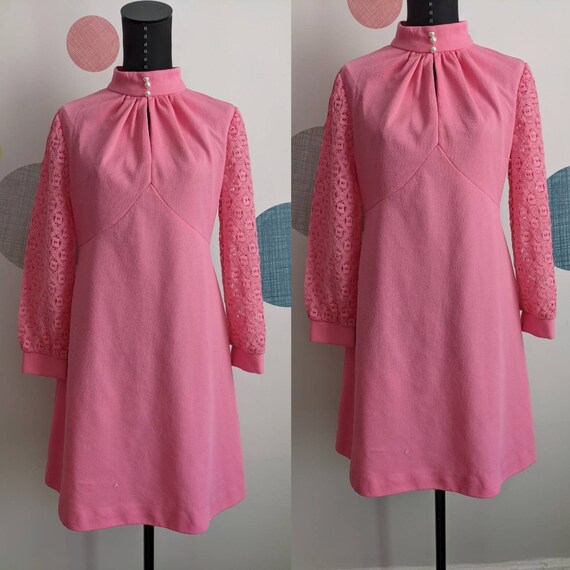 1960s Vintage Pink Keyhole Dress, Lace Sleeve Vin… - image 6