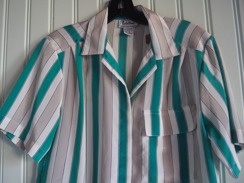 Size 6 Vintage Notations Blouse Short Sleeve Vintage Top Striped Blouse Vintage Green Stripes Short Sleeve Blouse