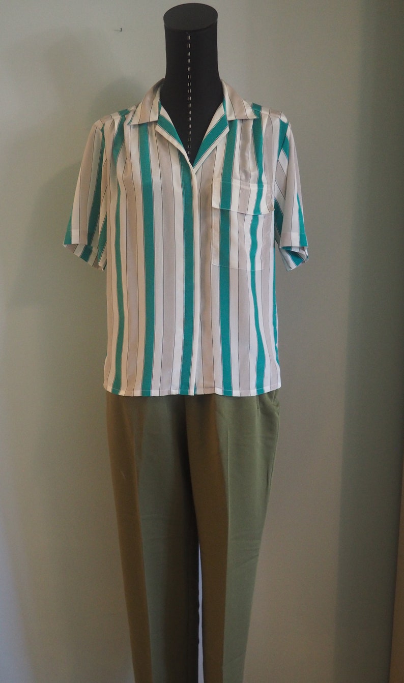 Size 6 Vintage Notations Blouse Short Sleeve Vintage Top Striped Blouse Vintage Green Stripes Short Sleeve Blouse