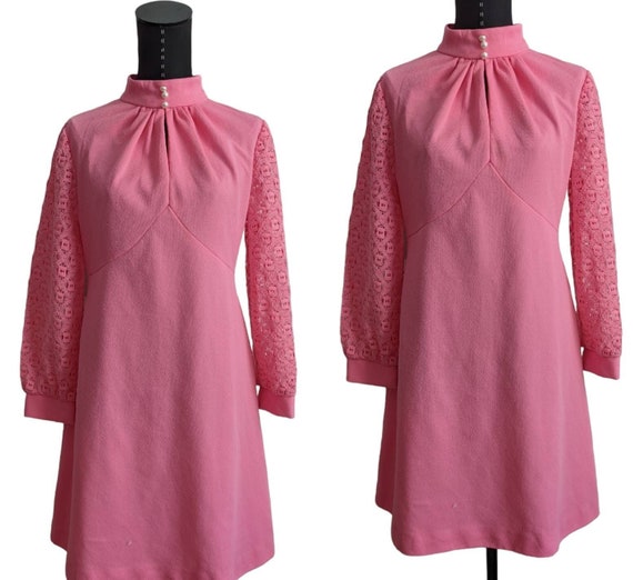 1960s Vintage Pink Keyhole Dress, Lace Sleeve Vin… - image 3