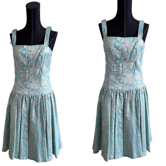 Vtg 1960s Silver Blue Metallic Evening Dress, Met… - image 5