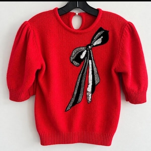 Vintage 80s Red Angora Silk Sweater Medium Black Sequin Bow Puff Sleeve Knit Top Romantic Retro Holiday Sweater