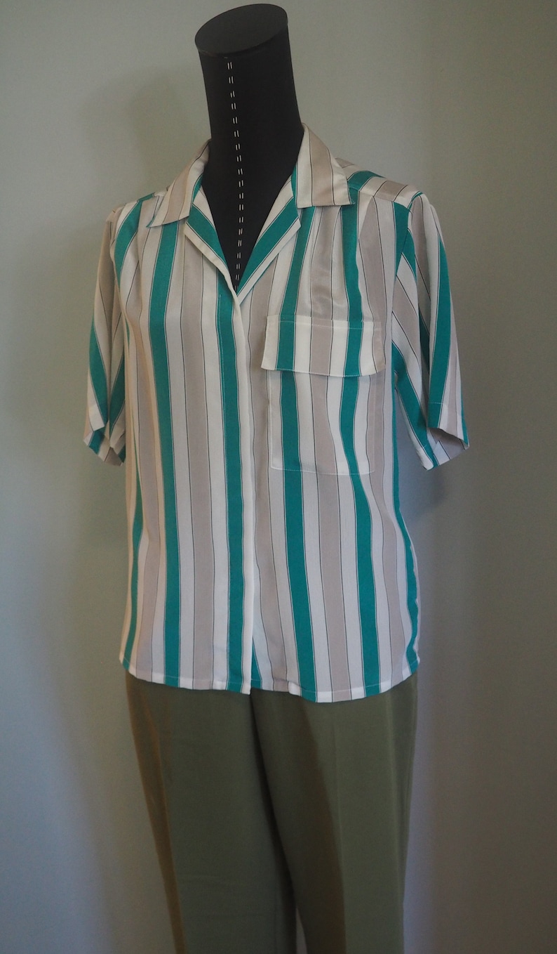 Size 6 Vintage Notations Blouse Short Sleeve Vintage Top Striped Blouse Vintage Green Stripes Short Sleeve Blouse