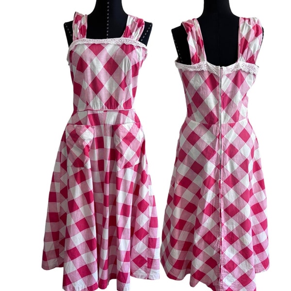 1950s Vintage Gingham Yoke Dress, Vintage 50s Cotton Red Gingham Check Dress With Pockets, 1950s Apron Dress, Sleeveless 1950s Dress, Small