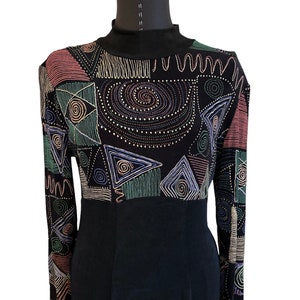 1980s Vintage Citi Long Sleeve Slinky Black and Gold Dress, 80s Vintage Black Stretch Geometric Design Long Dress, Citi Dress, Size 6 image 6