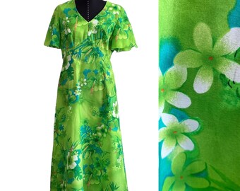Vintage Royal Hawaiian 1960s Dress, Green Floral Royal Vintage Long Dress, Cap Sleeves Vintage Green Hawaiian Dress, Medium