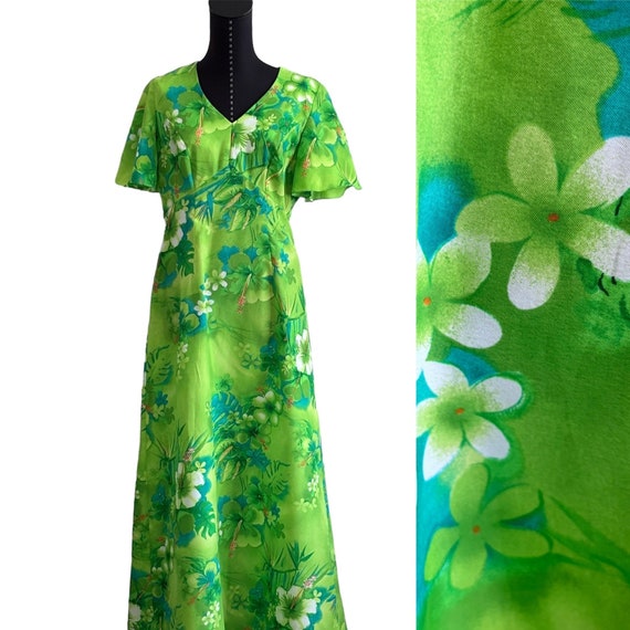 Vintage Royal Hawaiian 1960s Dress, Green Floral … - image 1
