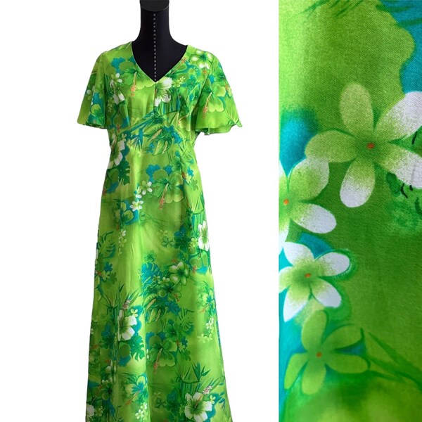 Vintage Royal Hawaiian 1960s Dress, Green Floral Royal Vintage Long Dress, Cap Sleeves Vintage Green Hawaiian Dress, Medium