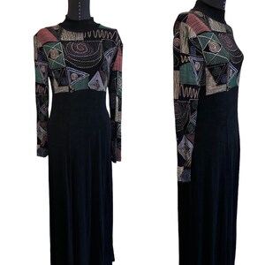 1980s Vintage Citi Long Sleeve Slinky Black and Gold Dress, 80s Vintage Black Stretch Geometric Design Long Dress, Citi Dress, Size 6 image 4