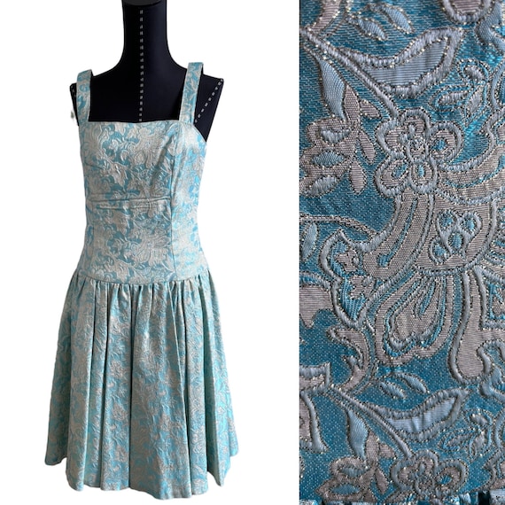 Vtg 1960s Silver Blue Metallic Evening Dress, Met… - image 1