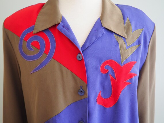 Medium Shiny 80s Shirt 80s Color Block Blouse 80s Bat Wing Sleeves Vintage Color Block Top 90s Satin Blouse