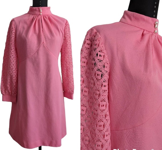1960s Vintage Pink Keyhole Dress, Lace Sleeve Vin… - image 1