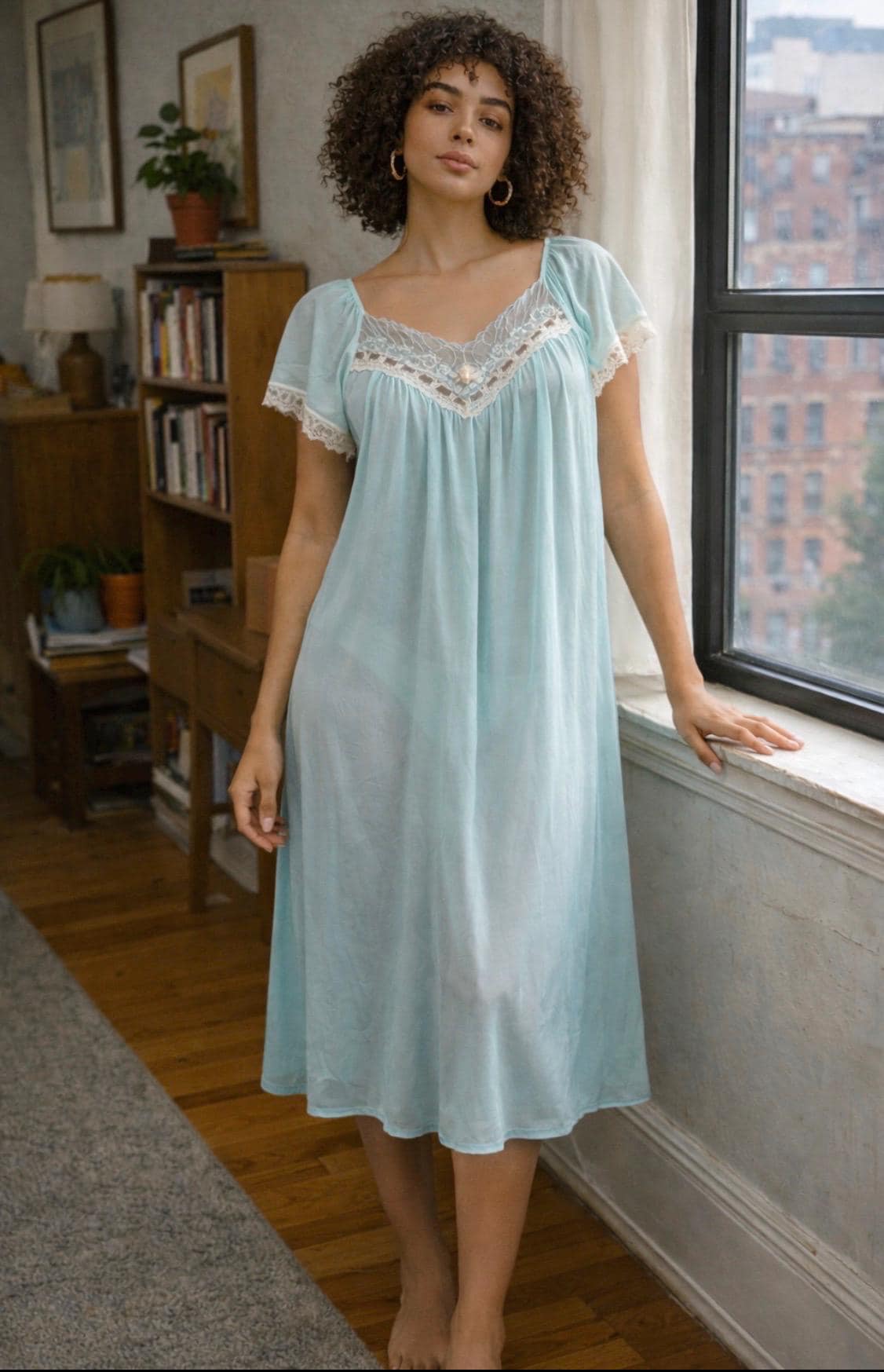 blue lace night dress Women's Embroidered Lace Butterfly Sheer Nightgown main image 1