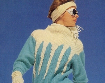 May include: A vintage ski outfit featuring a blue and cream-colored sweater with a unique design, white gloves, and white pants. The outfit includes a matching headband and sunglasses. The number "16" is visible on the lower left.