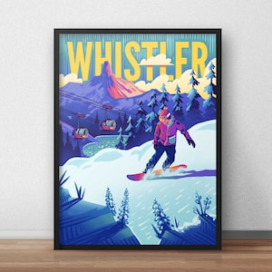 Póster de snowboard en Whistler - Impresión artística de snowboard Canadá Columbia Británica Snowboarder Deportes de nieve Viajes