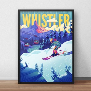Póster de esquí Whistler - Impresión artística de esquí Canadá Columbia Británica Esquiadores Deportes de nieve Viajes