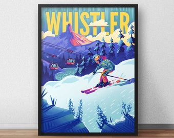 Ski Poster Whistler - Skiing Art Print Canada British Columbia Skiers Snow Sports Travel