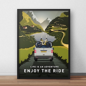 Enjoy The Ride - Mountain Bike Art Print with Volkswagen Transporter