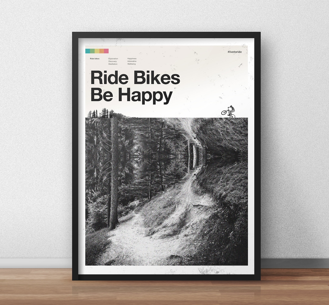 Ride Bikes Be Happy Mountain Biking Art Print Etsy