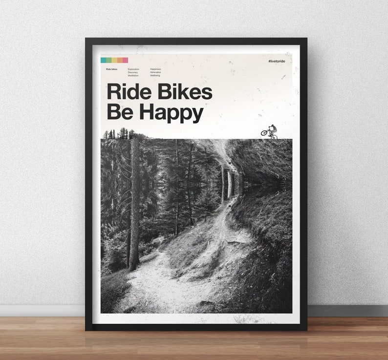 Ride Bikes Be Happy Mountain Biking Art Print image 1