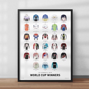 Maillots des vainqueurs de coupe du monde de vélo de montagne - Impression d'art VTT de descente en blanc