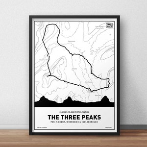 Yorkshire Three Peaks Challenge Trail Map Art Print Poster -  Pen-y-Ghent, Whernside and Ingleborough - Black