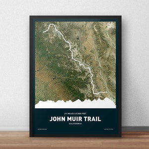 Poster con stampa artistica della mappa del John Muir Trail - California, Yosemite, Monte Whitney - per escursionismo, zaino in spalla, campeggio, passeggiate, esplorazione