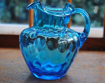 Petit Pot à Lait En Verre Moulé Bleu, Déco Shabby Chic