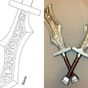 May include: Two silver daggers with gold-colored designs on the blades. The daggers are crossed at the handles, which are wrapped in brown leather.