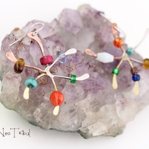 Beaded Mixed Metal Earrings in Sterling Silver Copper Brass · Boho Dangle Star Earrings · Colorful Asymmetrical Earring