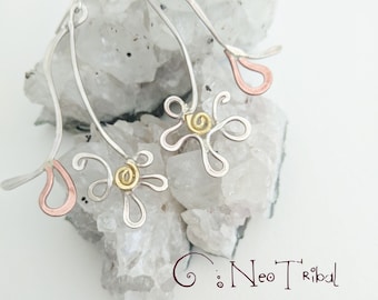 Mixed Metal Flower Earrings Dangle in Sterling Silver Copper & Brass · Large Daisy Earrings · Long Bridal Floral Earring · Botanical Jewelry