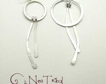 Boucles d'oreilles Asymétrique Argent, Boucles d'oreilles dépareillées Argent Tres Longue de Barre, Inhabituelles Originales Bijou Boho