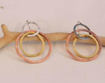 Circle Hoop Earrings Hammered Handmade · Sterling Stud Silver Hoops with  Copper and Brass Hoops Dangle · Elegant Comfortable Versatile Gift
