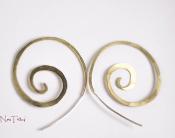 Brass Hoop Earrings Spiral Hammered with Silver Earwire · Large Gold Hoop Earrings · Big Brass Earrings · Open Hoops ·Bronze African Earring