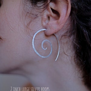 Brass Spiral Earring Hoops Bohemian Big Brass Hoops, Hammered Tribal Spiral Hoop Earring Thin Gold Spiral Earrings Open Hoop Earrings Silver 925. Plata