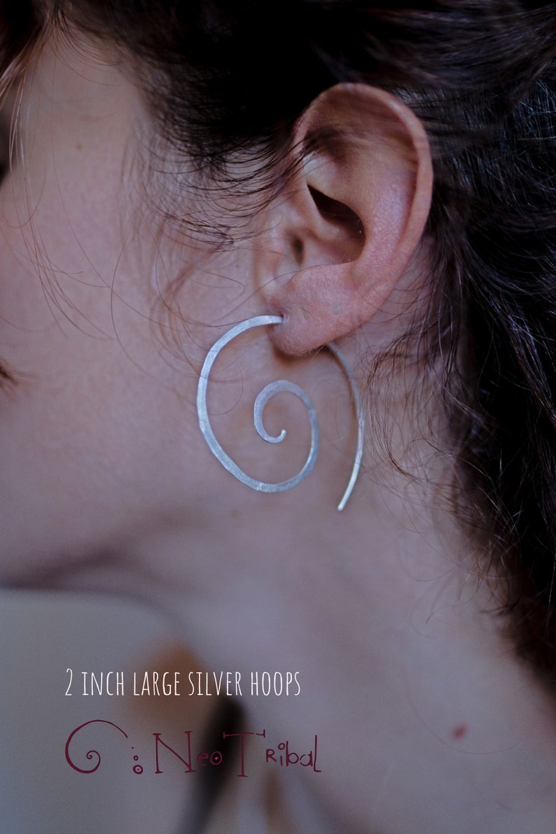 Brass Spiral Earring Hoops Bohemian Big Brass Hoops, Hammered Tribal Spiral Hoop Earring Thin Gold Spiral Earrings Open Hoop Earrings Silver 925. Plata