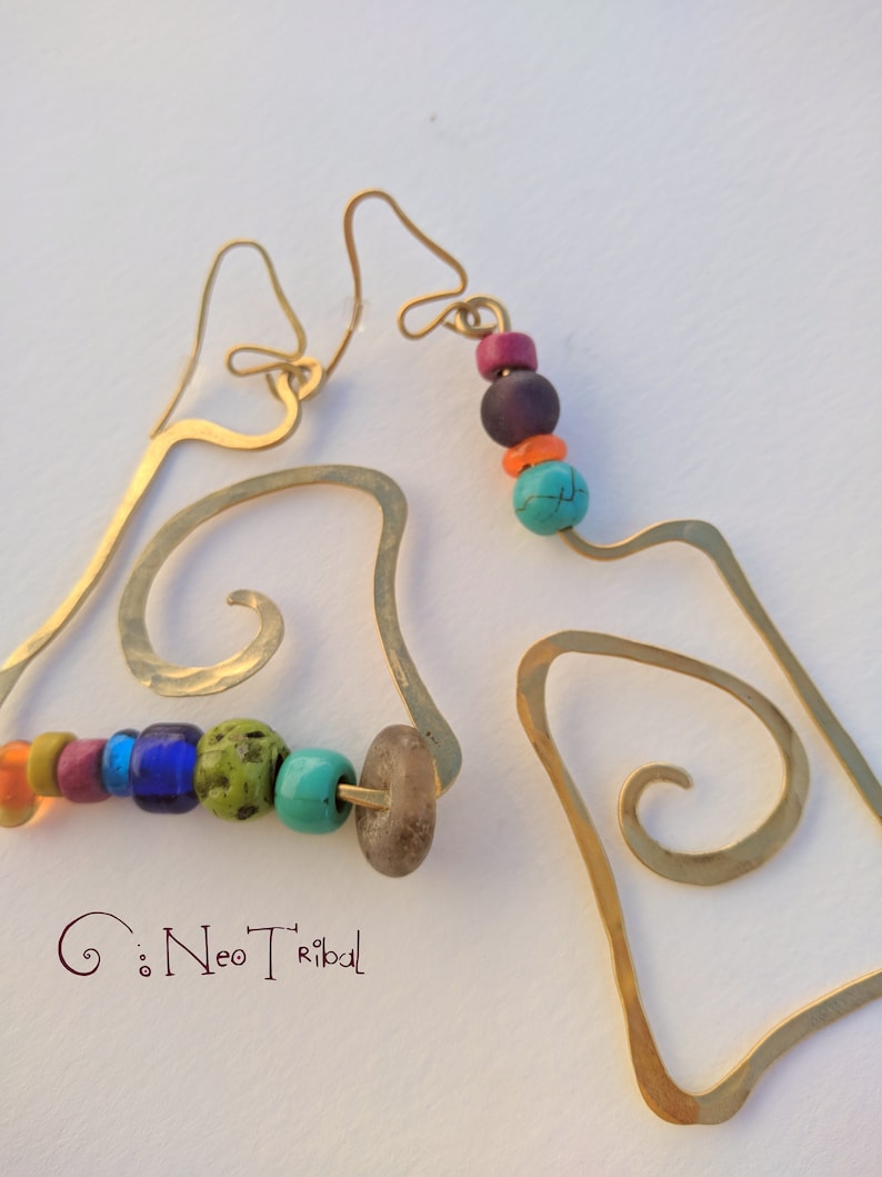 Large Mismatch Earrings Handmade Geometric \u00b7 Big Rectangle Earring Hoop \u00b7 Rainbow Bronze Asymmetrical Earrings \u00b7 Multicolor Square Earring