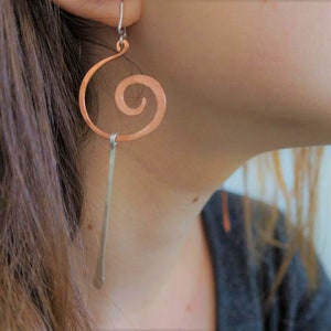 Long Asymmetrical Earring in Silver & Copper , Gold Silver Mismatched Earrings , Edgy Extra large Spiral Earrings image 5