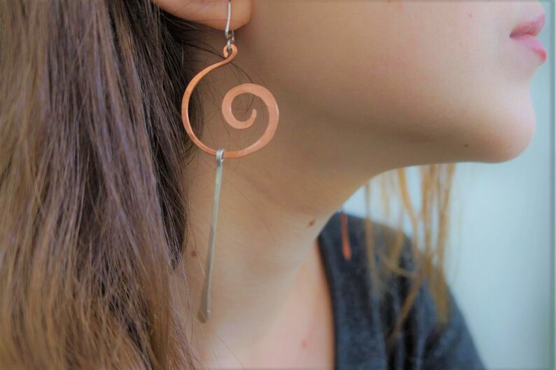 Long Asymmetrical Earring in Silver & Copper , Gold Silver Mismatched Earrings , Edgy Extra large Spiral Earrings image 5