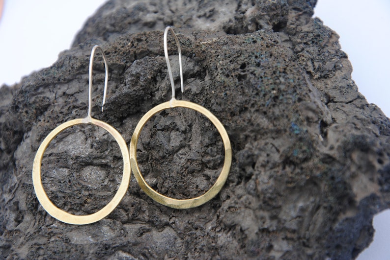 Hoops Earring Sterling Silver Hammered Elegant Handmade Cicle Earring 1 1/2 Medium Hoop 2 Long Gift for Her Recicled Silver Custom brass