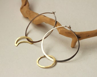 Asymmetric Silver Hoops · Moon & Sun Dangling in Sterling Silver Hoops · Handmade Mismatched Earring Hoop with Brass Star and Half Moon