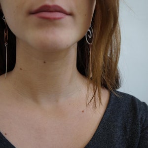 Long Asymmetrical Earring in Silver & Copper , Gold Silver Mismatched Earrings , Edgy Extra large Spiral Earrings image 4