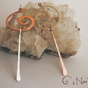 Long Asymmetrical Earring in Silver & Copper , Gold Silver Mismatched Earrings , Edgy Extra large Spiral Earrings image 2