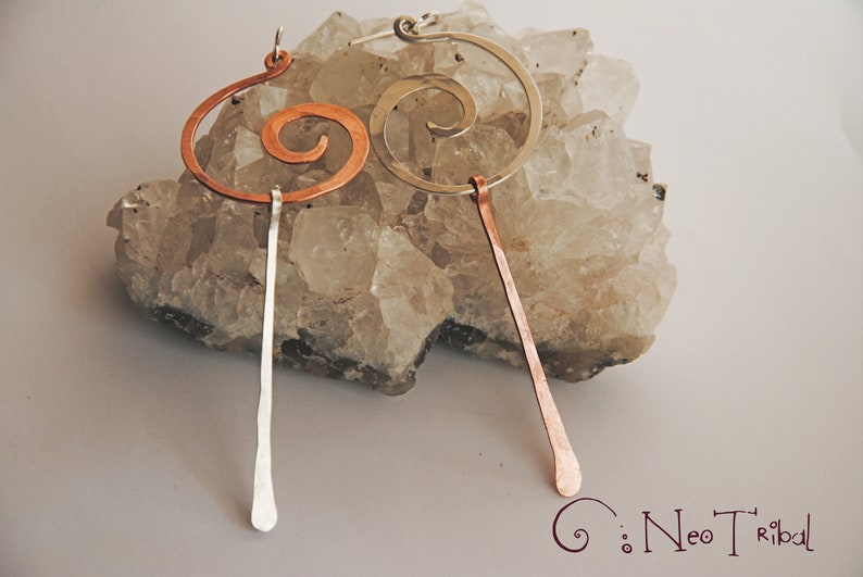 Long Asymmetrical Earring in Silver & Copper , Gold Silver Mismatched Earrings , Edgy Extra large Spiral Earrings image 2