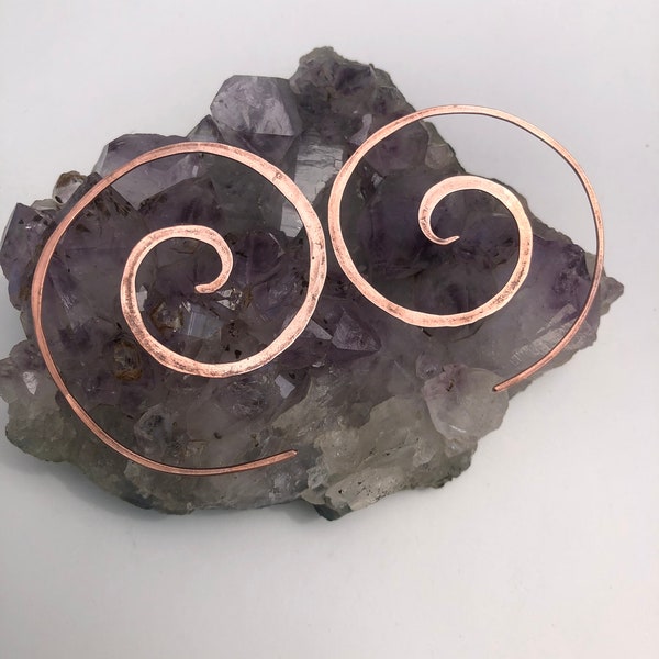 Copper Spiral Hoop Earrings · Big Hammered Spiral Earring · 2 In Copper Hoops · Large Hoop Earrings ·  Threader Copper Earring · Big Spirals