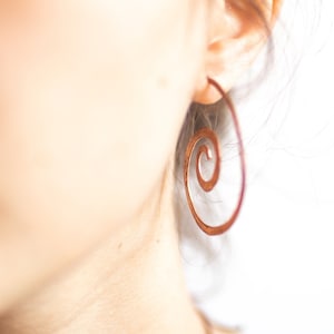 Large Copper Earrings Hoop Spirals w Silver Earwire · Tribal Copper Earrings · Open Big Copper Hoop Earring ·Boho Earrings Handmade Hammered
