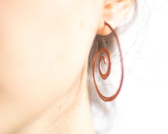 Large Copper Earrings Hoop Spirals w Silver Earwire · Tribal Copper Earrings · Open Big Copper Hoop Earring ·Boho Earrings Handmade Hammered
